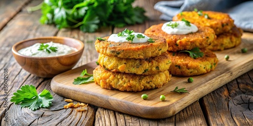 Carrot and chickpea patties with tzatziki sauce dip on rustic wooden board, vegan, healthy photo
