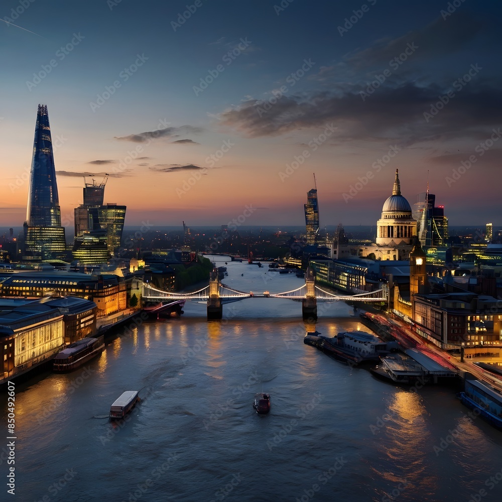 Fototapeta premium London skyline at dusk with Tower Bridge and The Shard