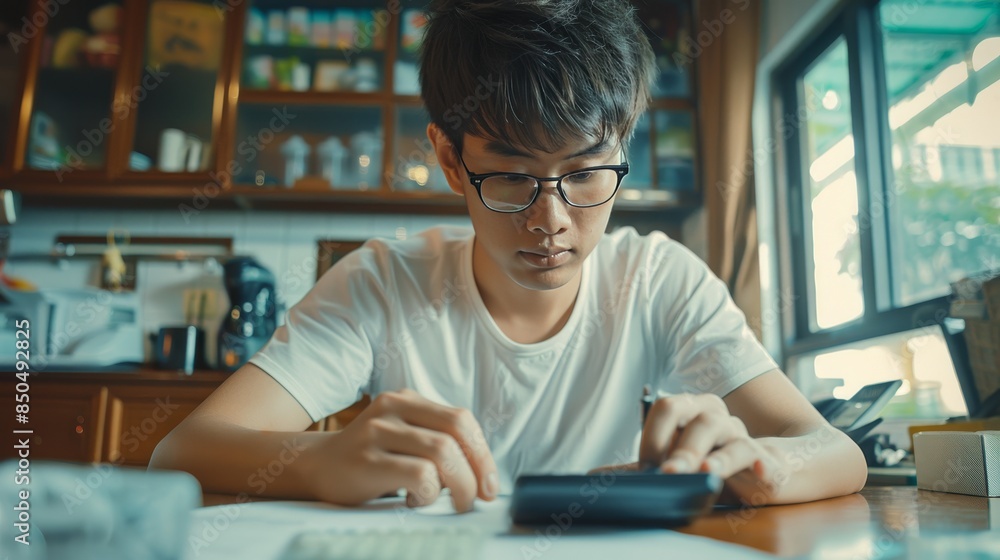 Asian man using a calculator to calculate his family s monthly miscellaneous expenses at home Asian man using a calculator to calculate his family s monthly miscellaneous expenses at home