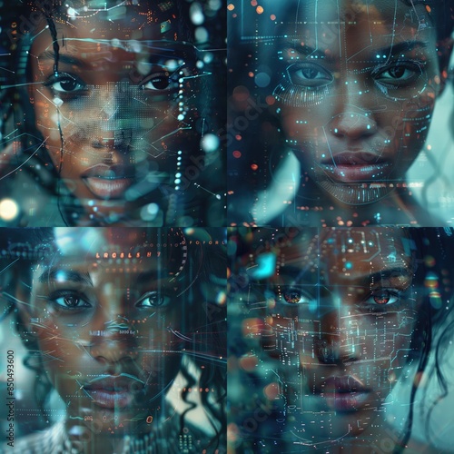 Wallpaper Mural A technological illustration of a concentrated Asian woman surrounded by numerous light holographic effects, sparkling all around. Torontodigital.ca