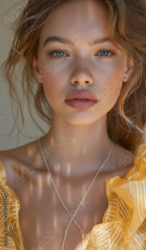 Closeup portrait of a girl with blue eyes and full lips, wearing a yellow dress. photo