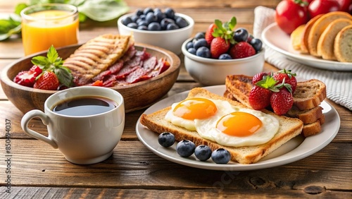 A close-up photo of a delicious breakfast spread with eggs, bacon, toast, fruit, and coffee , eggs, bacon, toast, fruit