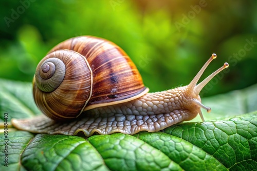 Big Roman snail crawling on a green leaf in the garden, Big Roman snail, burgundy snail, Helix pomatia, wildlife photo