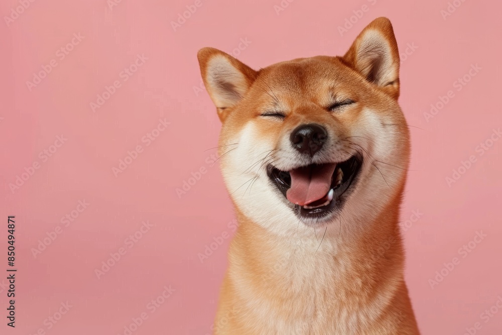 Joyful shiba inu dog smiling happily on soft pastel background with space for text Joyful shiba inu dog smiling happily on soft pastel background with space for text