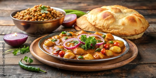 Plate of delicious chole bhature , Indian cuisine, spicy, fried bread, chickpea curry, street food, traditional photo