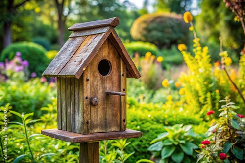 Rustic wooden bird house surrounded by greenery in the garden, Birdhouse © tammanoon
