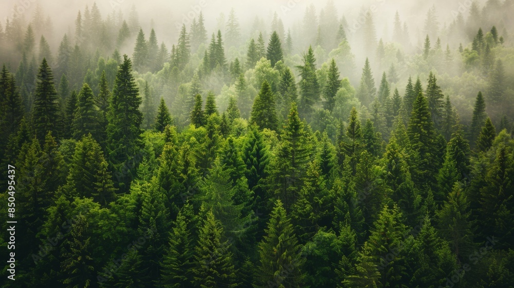 This image captures the lush greenery of a dense evergreen forest, with morning mist weaving through the trees creating a magical atmosphere This image captures the lush greenery of a dense evergreen forest, with morning mist weaving through the trees creating a magical atmosphere