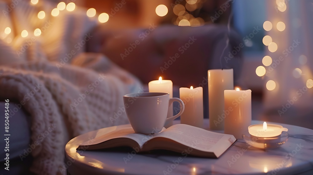 Fototapeta premium Cup of tea with paper open book and burning scented candles on marble table over cozy chair and glowing lights in bedroom closeup Winter holiday season : Generative AI