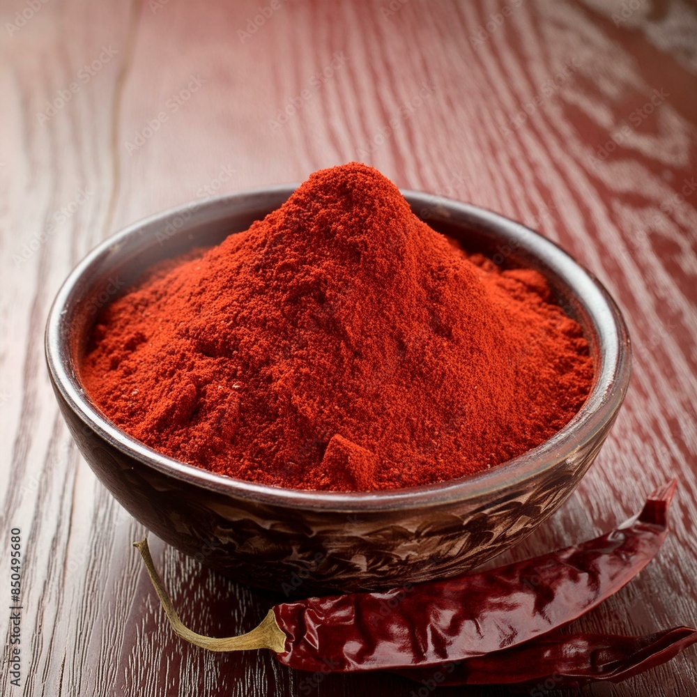 Red chilli powder in bowl with red dried chilli on wooden background Red chilli powder in bowl with red dried chilli on wooden background