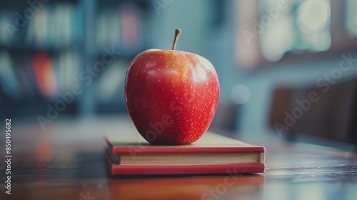 A Red Apple Resting on a Textbook in a Classroom
