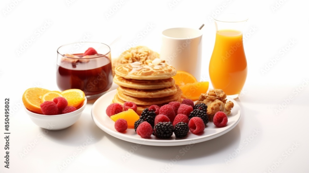 A minimalistic image of pancakes with fresh fruits, nuts, a cup of coffee, and orange juice on a clean white background A minimalistic image of pancakes with fresh fruits, nuts, a cup of coffee, and orange juice on a clean white background