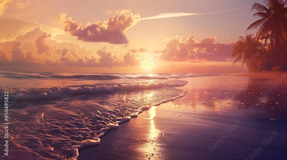 Fototapeta premium Beautiful panoramic sunset tropical paradise beach Tranquil summer vacation or holiday landscape Tropical sunset beach seaside palm calm sea panorama exotic nature view inspirational s : Generative AI