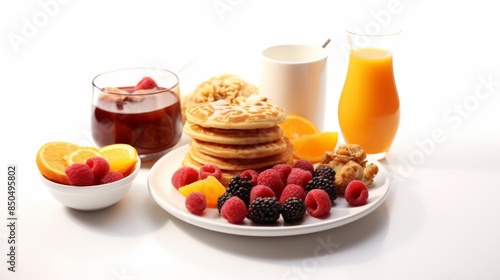 A minimalistic image of pancakes with fresh fruits, nuts, a cup of coffee, and orange juice on a clean white background