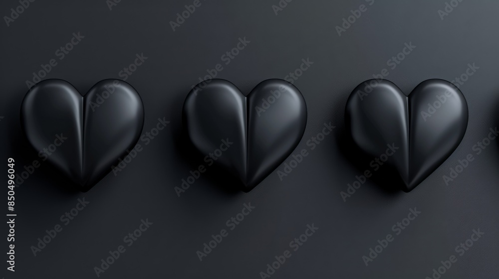 Three black, three-dimensional hearts on a dark surface, depicting a minimalist and modern aesthetic Three black, three-dimensional hearts on a dark surface, depicting a minimalist and modern aesthetic