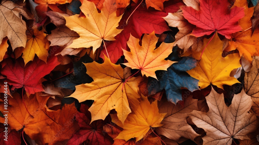 Obraz premium Autumn maple tree leaves full frame arrangement with many colorful leaves