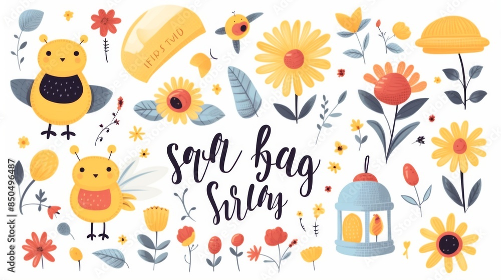 Vibrant and charming illustrations with yellow chicks, flowers, and nature-inspired motifs for a lighthearted vibe Vibrant and charming illustrations with yellow chicks, flowers, and nature-inspired motifs for a lighthearted vibe