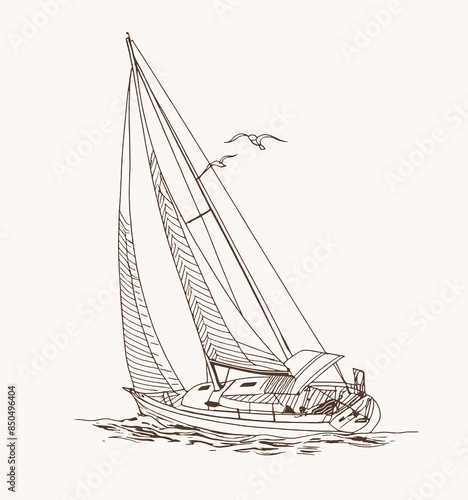 Sailboat in the sea, summer adventure, active vacation. Seagoing vessel, marine ship or nautical caravel. water transport in the ocean for sailor and 