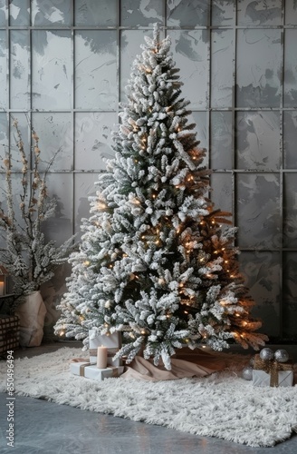 Flocked Christmas Tree With Lights and Decorations in Front of a Window