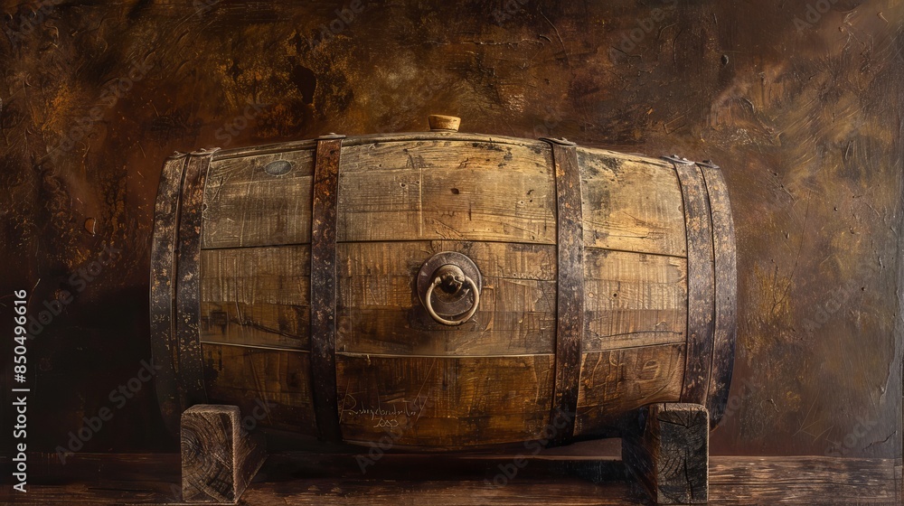 An antique wooden cask rests upon a rich brown backdrop. An antique wooden cask rests upon a rich brown backdrop.