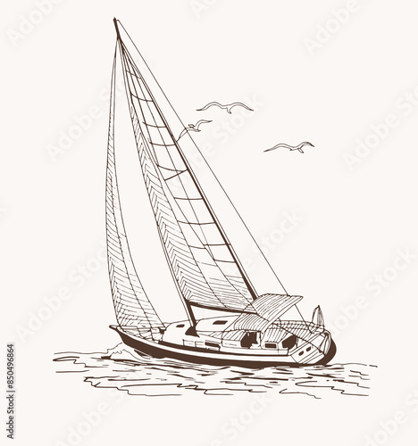 Adobe Illustrator ArtworkSailboat in the sea, summer adventure, active vacation. Seagoing vessel, marine ship or nautical caravel. water transport in the ocean for sailor and 