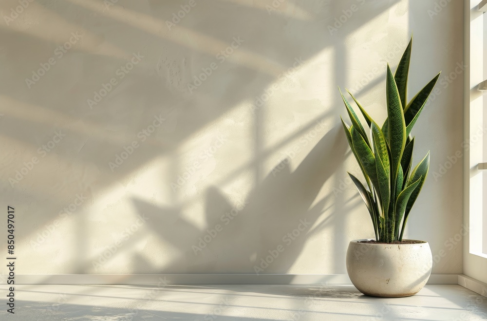 Fototapeta premium A Single Snake Plant In A White Pot With Light Filtering Through A Window
