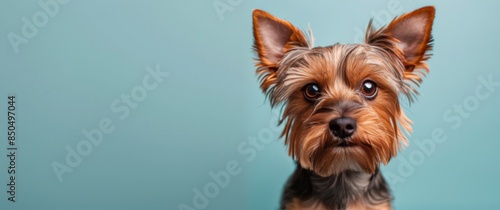 Yorkshire Terrier Dog Portrait Against Blue Background