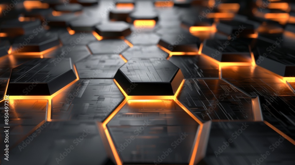Fototapeta premium Close up of a 3D render of hexagonal shapes with a warm illuminating orange glow representing a network