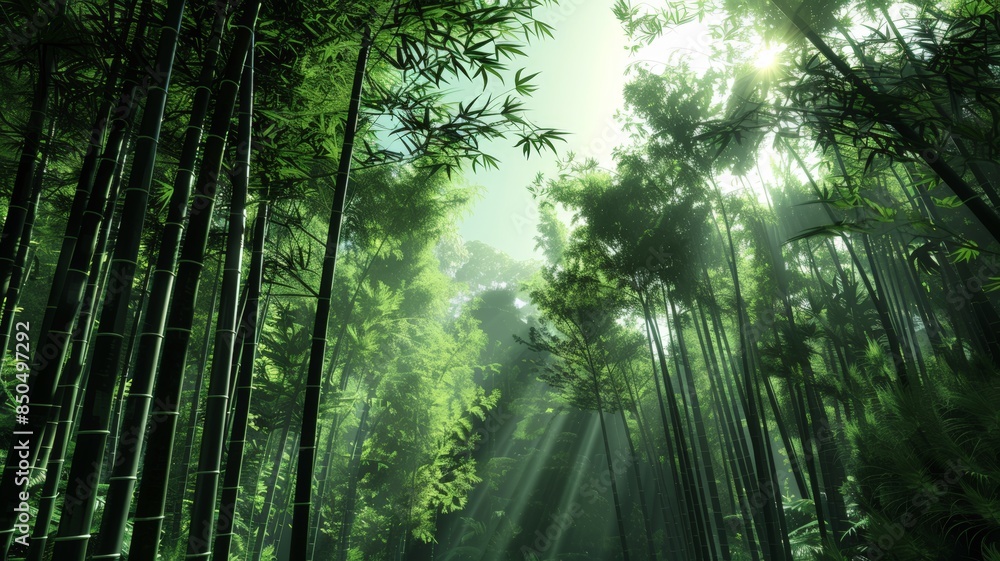 Fototapeta premium Sunbeams break through the dense bamboo. The forest floor is bathed in a soft glow.