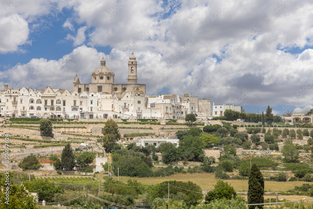 Panoramic, picturesque view of city from Itria Valley, Italy; Locorotondo; Apulia