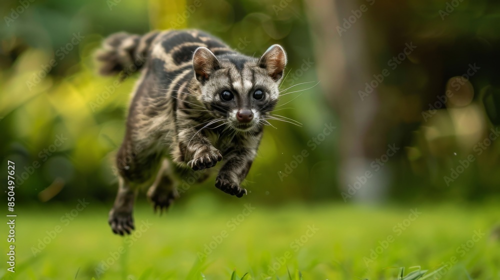 Dramatic snapshot of a civet cat mid-air leap against a vibrant green background in nature Dramatic snapshot of a civet cat mid-air leap against a vibrant green background in nature