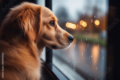 Lonely dog gazes through window in empty apartment, longing for absent owner s return photo