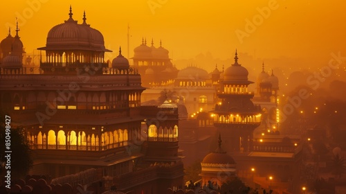 Ornate Indian palaces glow under a saffron sunset, capturing India's rich heritage and architectural splendor.