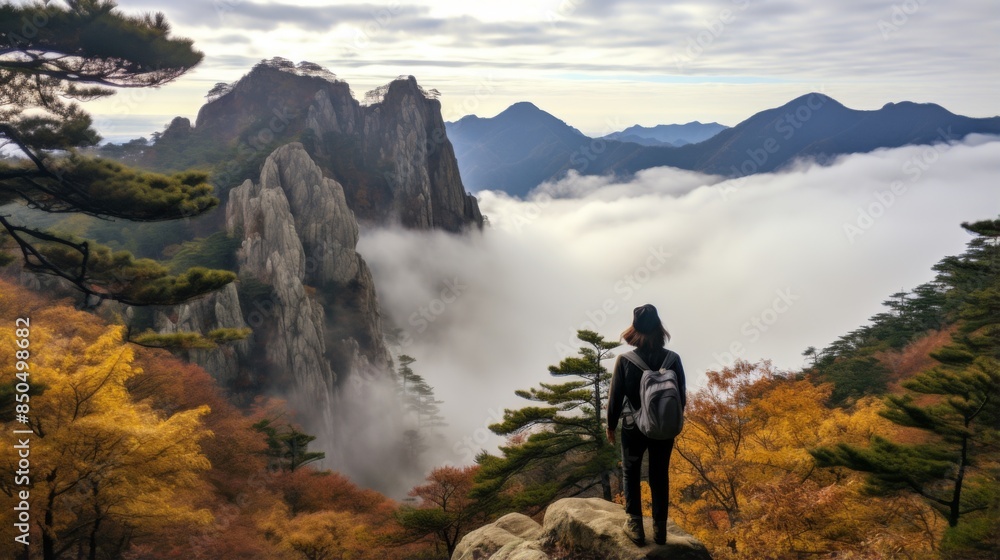 A woman hiker stands at the edge of a cliff looking over a sea of clouds and autumn-colored forest peaks A woman hiker stands at the edge of a cliff looking over a sea of clouds and autumn-colored forest peaks