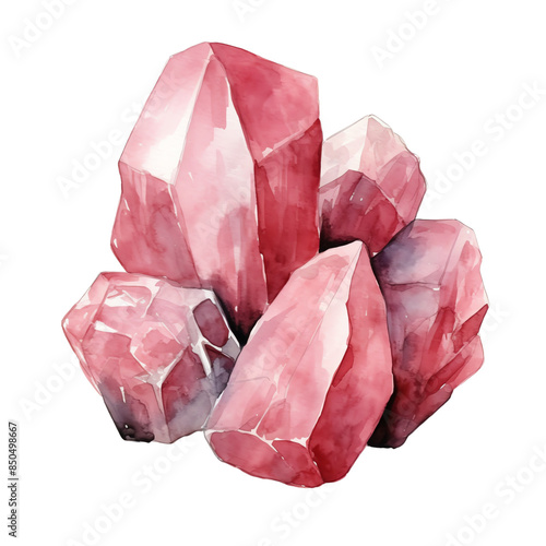 A watercolor painting of pink quartz crystals, capturing the natural beauty and texture of the minerals. Ideal for artistic and decorative use.