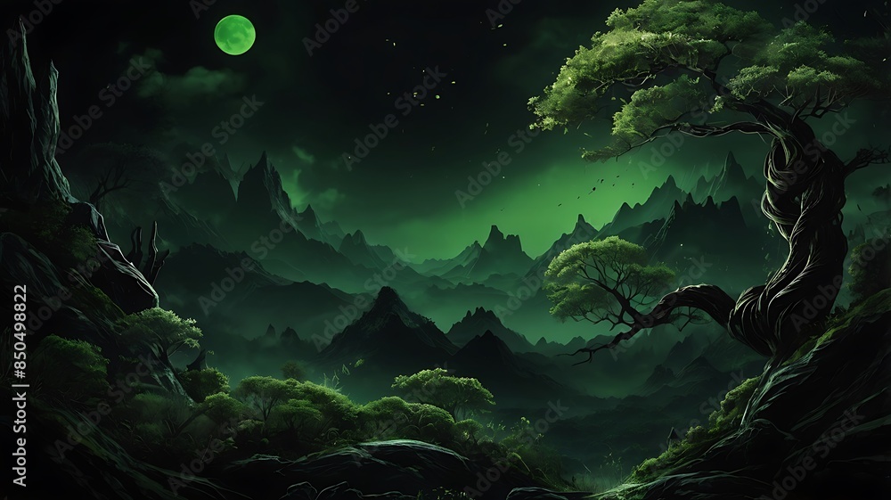 Dark green illustration background with a bit of nature style objects and designs, 3d abstract wallpaper Dark green illustration background with a bit of nature style objects and designs, 3d abstract wallpaper