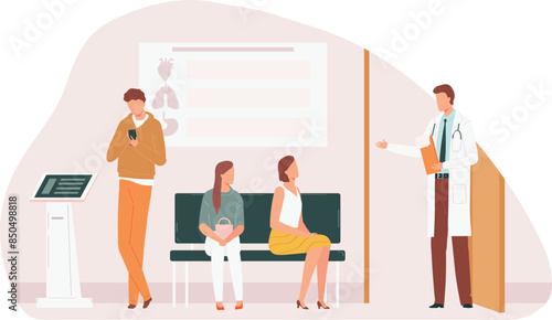 Doctor explaining patients waiting room healthcare medical consultation. Man using smartphone leaning chair digital distraction health clinic. Modern clinic interior doctor appointment illustration