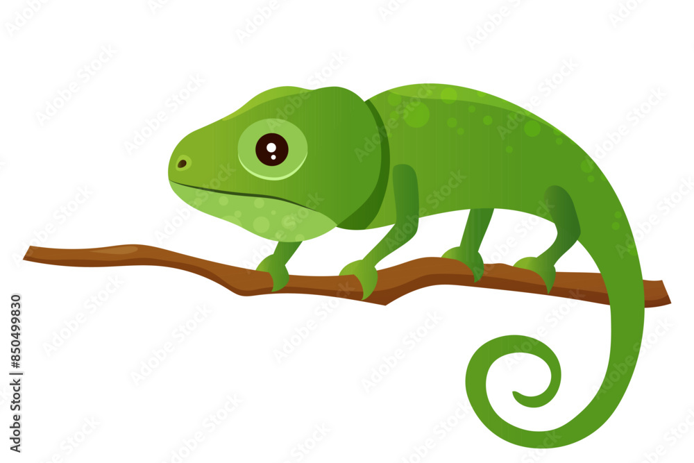 Fototapeta premium Vector illustration of vector cartoon green iguana on trees isolated on white background. 