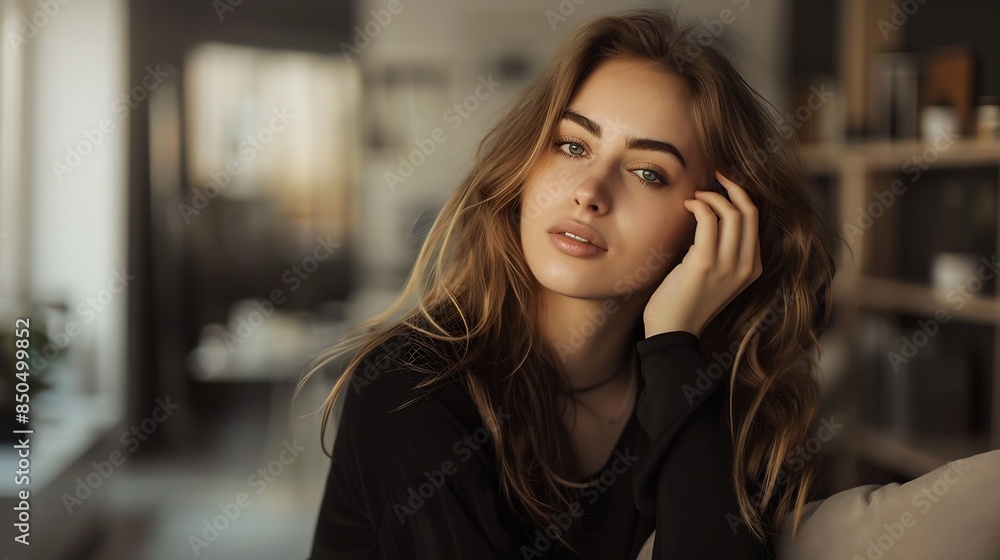 Chic and Elegant Gorgeous Woman with Wavy Hair posing in stylish light appartments Wearing casual black outfit : Generative AI Chic and Elegant Gorgeous Woman with Wavy Hair posing in stylish light appartments Wearing casual black outfit : Generative AI