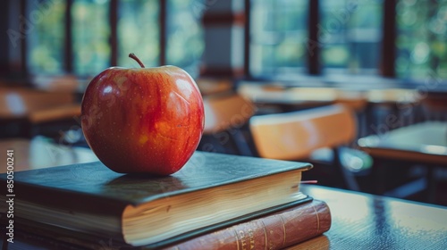 Red Apple on Top of Books in Empty Classroom