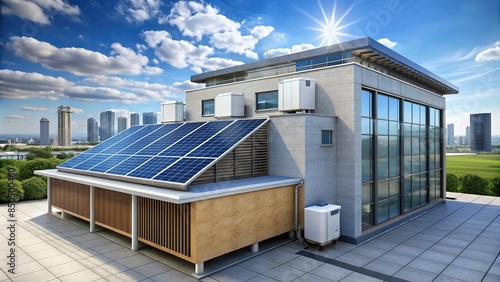 rendering of eco building with solar panel and condenser unit on rooftop, photovoltaic cell