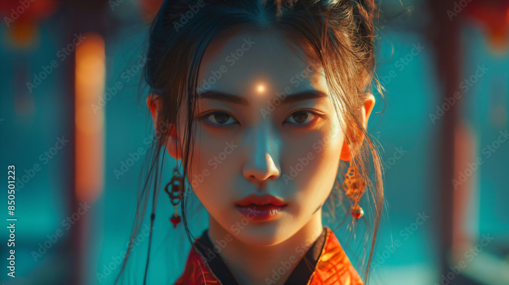 Young Woman with Traditional Chinese Dress and Golden Light. Young Woman with Traditional Chinese Dress and Golden Light.