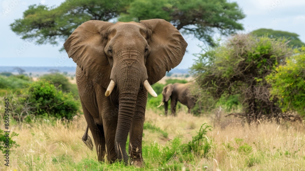 A focused shot of an elephant with another gently blurred in distant background speaks of wildlife dynamics A focused shot of an elephant with another gently blurred in distant background speaks of wildlife dynamics