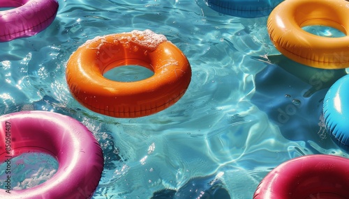 Pink And Orange Inflatable Ring Floating In Pool Water On Summer Day