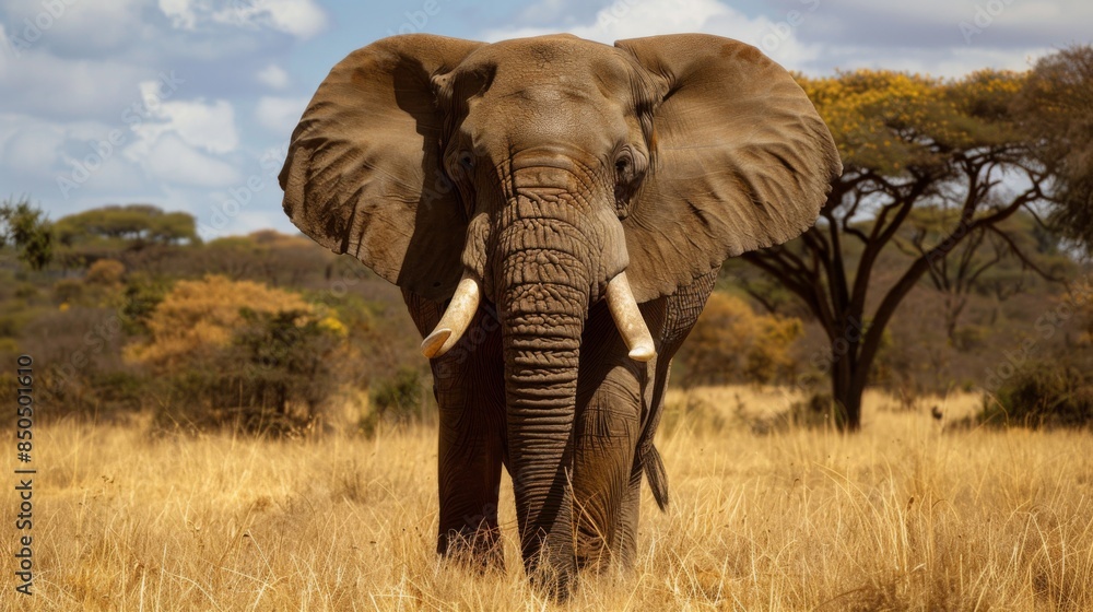 Obraz premium Under the shade of an acacia, this elephant's presence in a golden savanna is quintessentially African