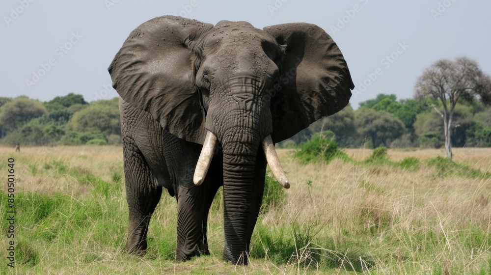 Fototapeta premium This elephant is captured against a vibrant green backdrop, likely after a refreshing rain