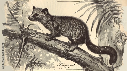 Antique lithographic print depicting a civet on a tree branch in a natural setting among plants photo