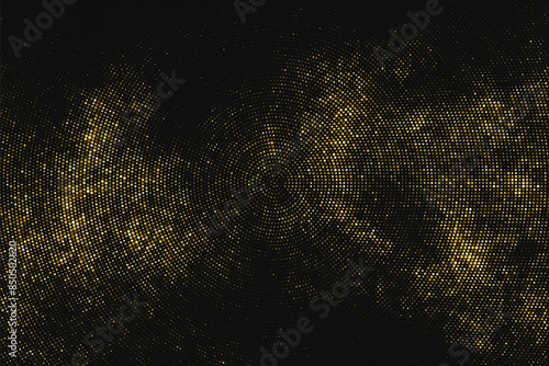 Gold Glitter Halftone Dotted Backdrop. Abstract Circular Retro Pattern. Pop Art Style Background. Golden Explosion Of Confetti. Digitally Generated Image. Vector Illustration, Eps 10.	