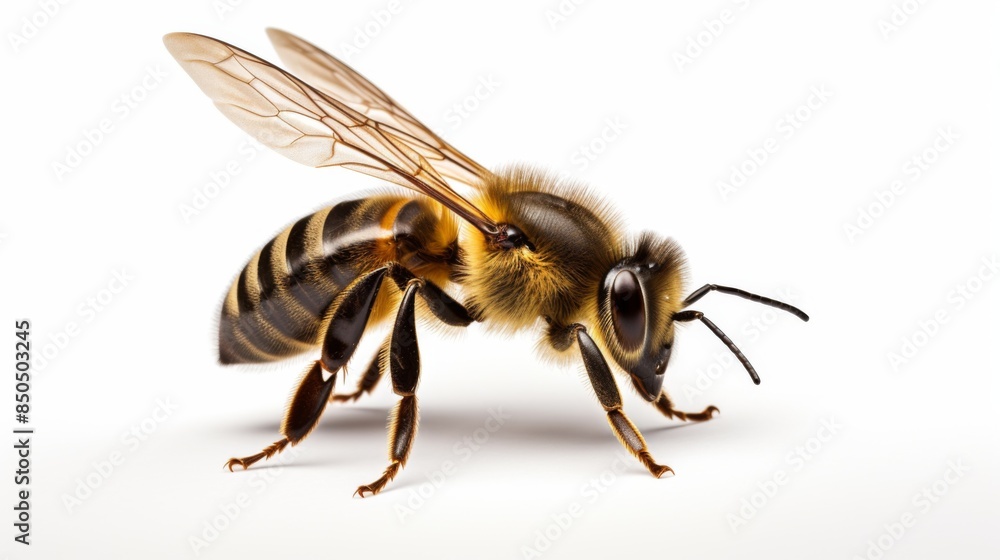 Macro photography of a honey bee in a poised position against a stark white background, showcasing its wings Macro photography of a honey bee in a poised position against a stark white background, showcasing its wings