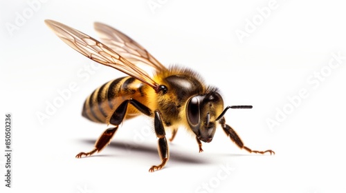 High-resolution macro image of a honey bee caught mid-flight with details of wings and body © Nicholas