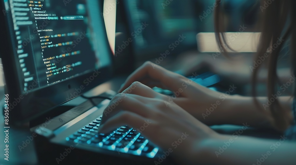Hands person and typing on keyboard for research information and data with system technology Woman screen and overlay with coding or software update and programming or upgrade on cyber : Generative AI Hands person and typing on keyboard for research information and data with system technology Woman screen and overlay with coding or software update and programming or upgrade on cyber : Generative AI